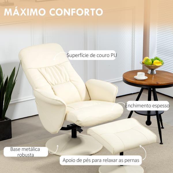 Poltrona Relax com Apoio para os Pés Estofada em PU Reclinável até 145° e Giratório 360° com Encosto Ajustável 81x81x105cm Creme