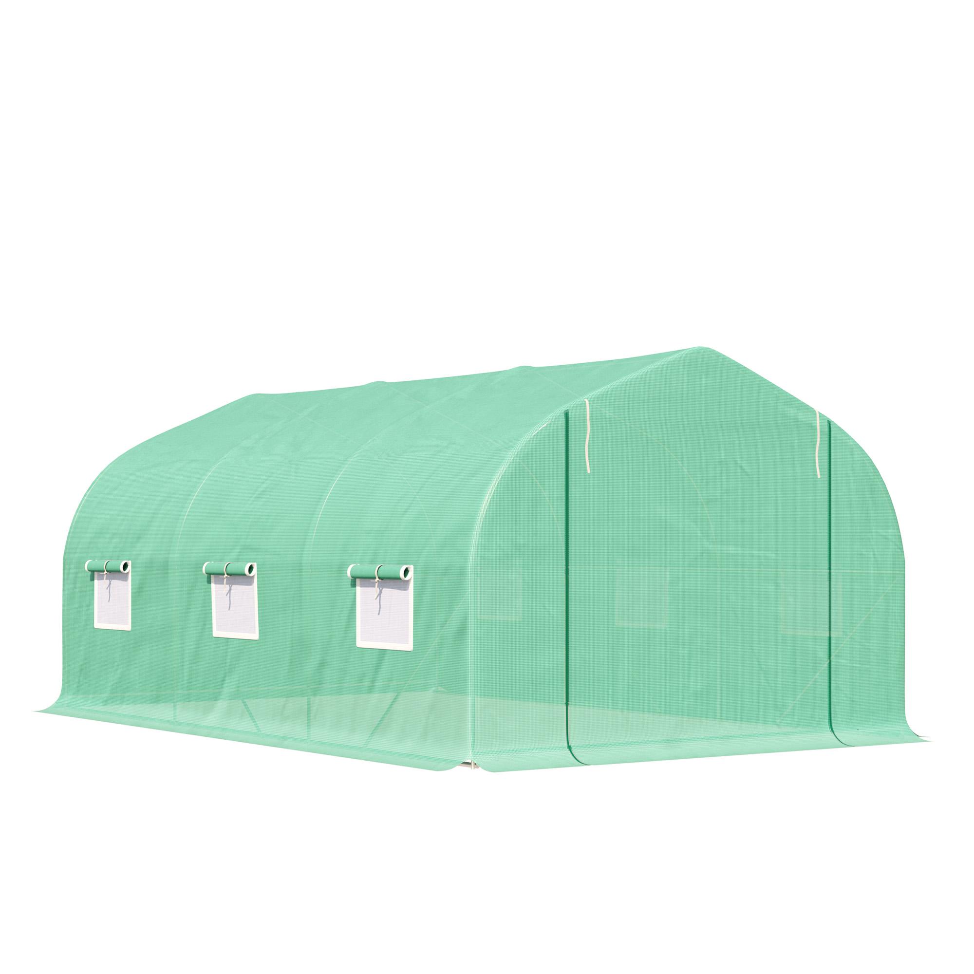 Estufa Tipo Túnel 450x300x200 cm Estufa de Jardim com Porta e 6 Janelas Enroláveis Cobertura de PE e Aço Verde