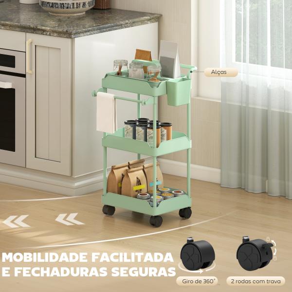 Carrinho Auxiliar com Rodas de 3 Níveis com Cestos Extraíveis Suporte para Toalhas e Estrutura de Metal 42x42,5x76 cm Verde