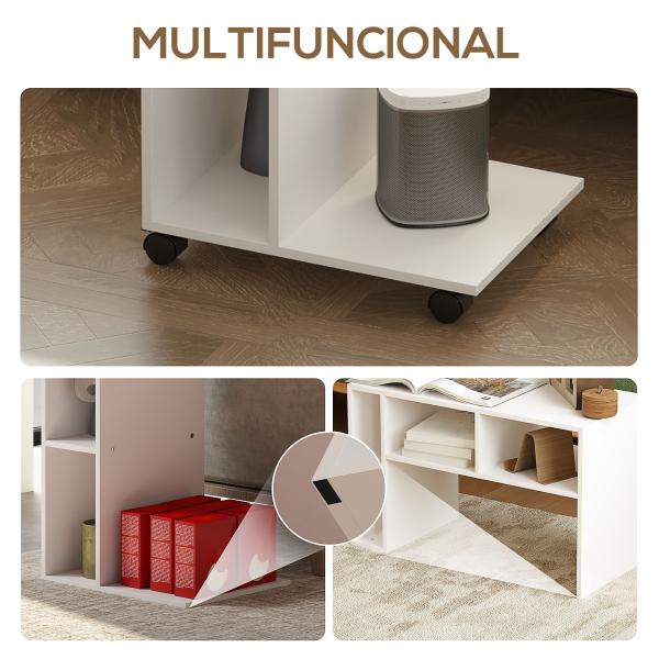 Mesa Auxiliar em Forma de C Mesa Auxiliar para Sofá com Rodas Compartimentos Abertos 40x30x69 cm Branco