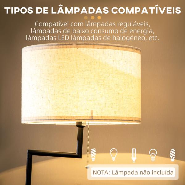 Candeeiro de Pé com Mesa Auxiliar Lâmpada E27 Máx. 40W Ecrã de Linho Interruptor de Corrente e Carregador USB Ø40x168cm Preto e Madeira