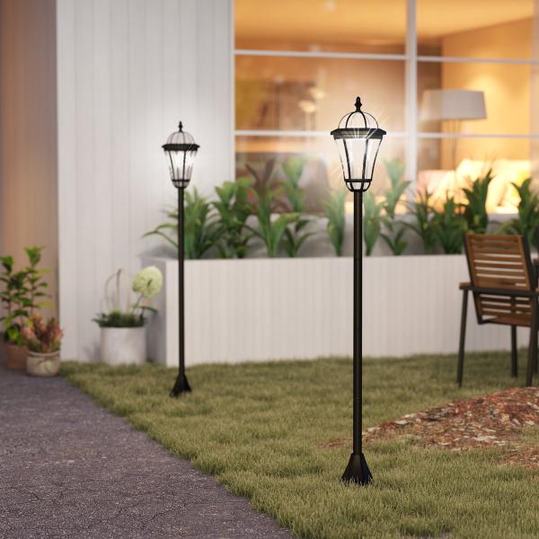 2 Candeeiros Solares de Jardim com 2 Luzes LED Branca Impermeável IP44 Ligação Automática Conjunto de 2 Candeeiros de Exterior para Caminho Terraço Pátio 18,5x18,5x129 cm Preto