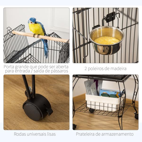 Gaiola para Pássaros com Suporte Rodas Bandeja Amovível 2 Comedouros e Prateleira Inferior de Metal 50x58x145 cm Preto