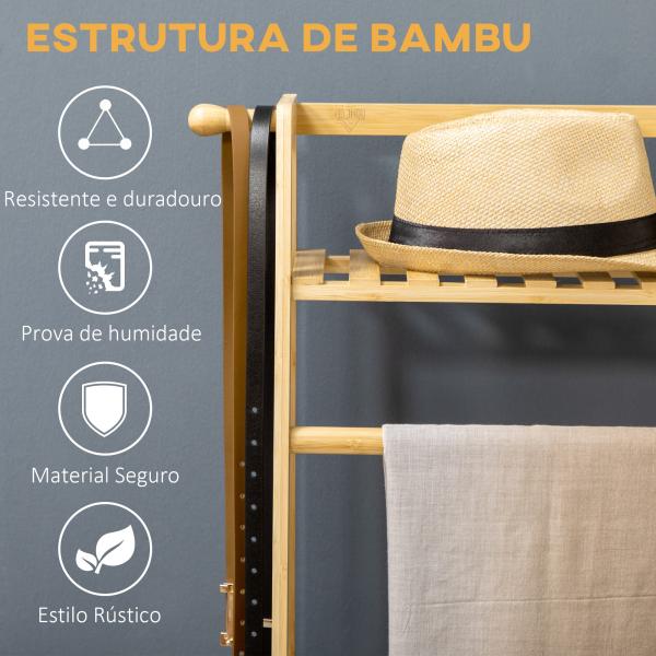 Suporte para Cabide de Bambu com 2 Prateleiras de Armazenamento 2 Ganchos Laterais e Barra Suspensa 114x40x139 cm Madeira