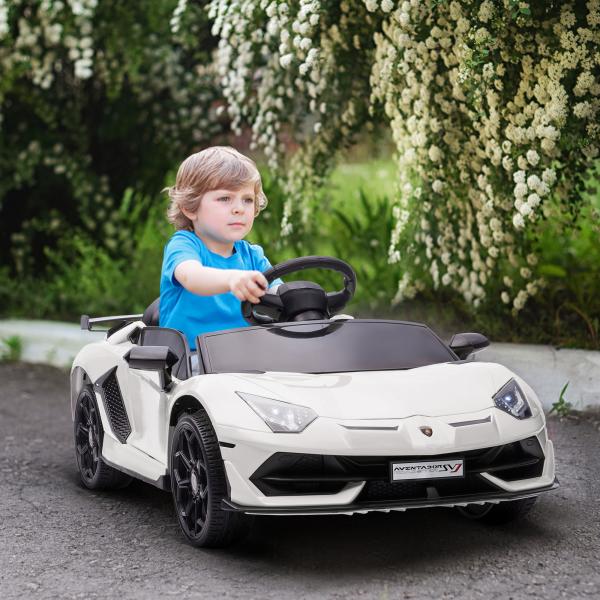 Carro Elétrico Lamborghini para Crianças 12V Velocidade Máxima 5km/h Controlo Remoto MP3 Luzes e Cinto de Segurança 107,5x63x42 cm Branco