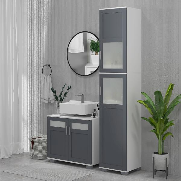 Móvel para Lavatório Pousar com 2 Portas com Vidro Temperado e Prateleira Ajustável 69x35x59 cm Branco e Cinza