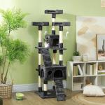 Arranhador para Gatos Grande 49x49x173 cm com Múltiplos Níveis Cavernas e Brinquedos Suspensos Cinza