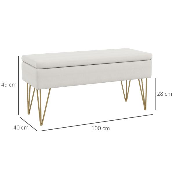 Banco para Pé de Cama Estofado em Tecido Sintético com Pernas de Aço e Assento Acolchoado 100x40x49 cm Creme