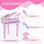 Piano para Crianças com 37 Teclas Microfone Banco Luzes 22 Músicas e Entrada para MP3 e USB 48x39x69 cm Rosa