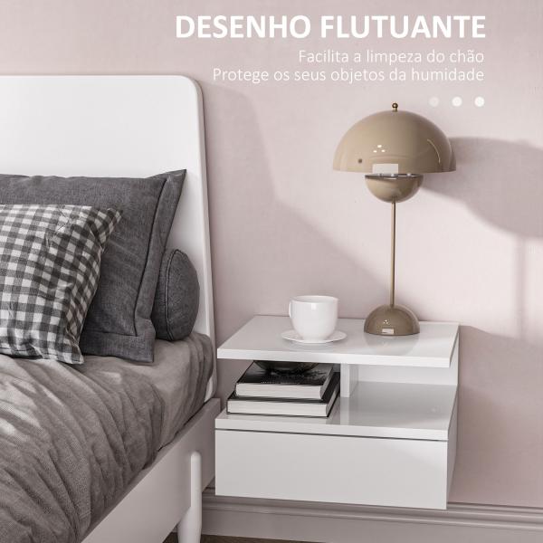 Conjunto de 2 Mesas de Cabeceira Flutuante com 1 Gaveta e Prateleira Aberta Montado na Parede 35x32x22,5 cm Branco