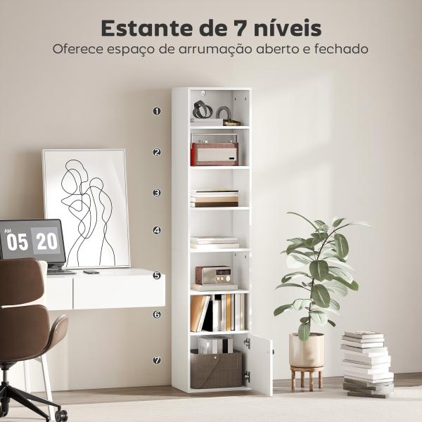 Estante de 7 Níveis Estante para Livros com Prateleiras Ajustáveis e Armário Estante Moderna 40x30x180 cm Branco