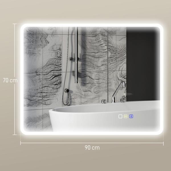 Espelho LED para Casa de Banho 90x70 cm com Bluetooth, 3 Tons de Luz, Antiembaciamento, Memória e IP44