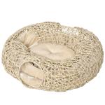 Cama para Gatos de Vime PE 78x69x22cm Cama para Gatos com Almofada Suave 3 Orifícios de Acesso e Canal em Forma de Anel Natural