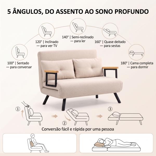 Sofá Cama Convertível 2 Lugares Dobrável com Encosto Ajustável em 5 Níveis e 2 Almofadas 102x73x81 cm Bege Creme