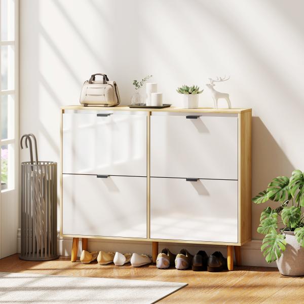 Sapateira Estreita com 4 Portas em Branco Brilho Prateleiras Ajustáveis Pernas de Madeira para 20 Pares de Sapatos 105x24x92,5 cm