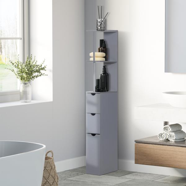 Coluna de Casa de Banho Moderno Móvel Auxiliar com 2 Prateleiras, 2 Gavetas e 1 Porta Anti - queda 15x33x136,8 cm Cinzento