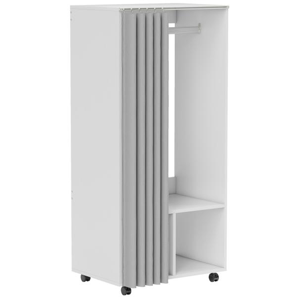 Roupeiro com Rodas, Cortina, Barra de Pendurar e 2 Compartimentos para Quarto 60x40x128 cm Branco