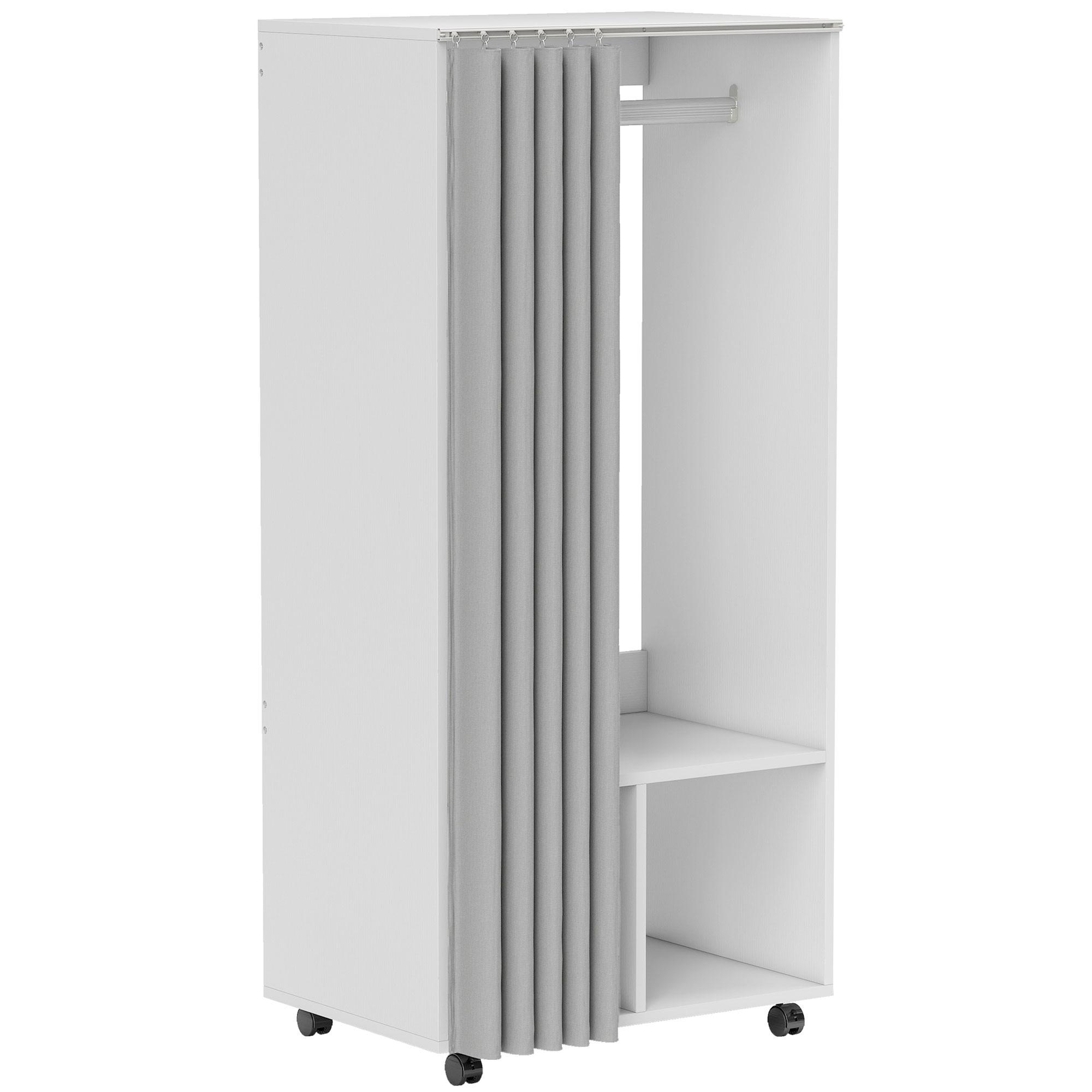 Roupeiro com Rodas, Cortina, Barra de Pendurar e 2 Compartimentos para Quarto 60x40x128 cm Branco