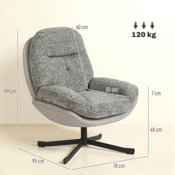 Poltrona Giratória Moderna com Base Cruzada Estofada em Chenille e Couro PU Assento Largo Duplo Pernas de Aço 78x95x99 cm Cinza