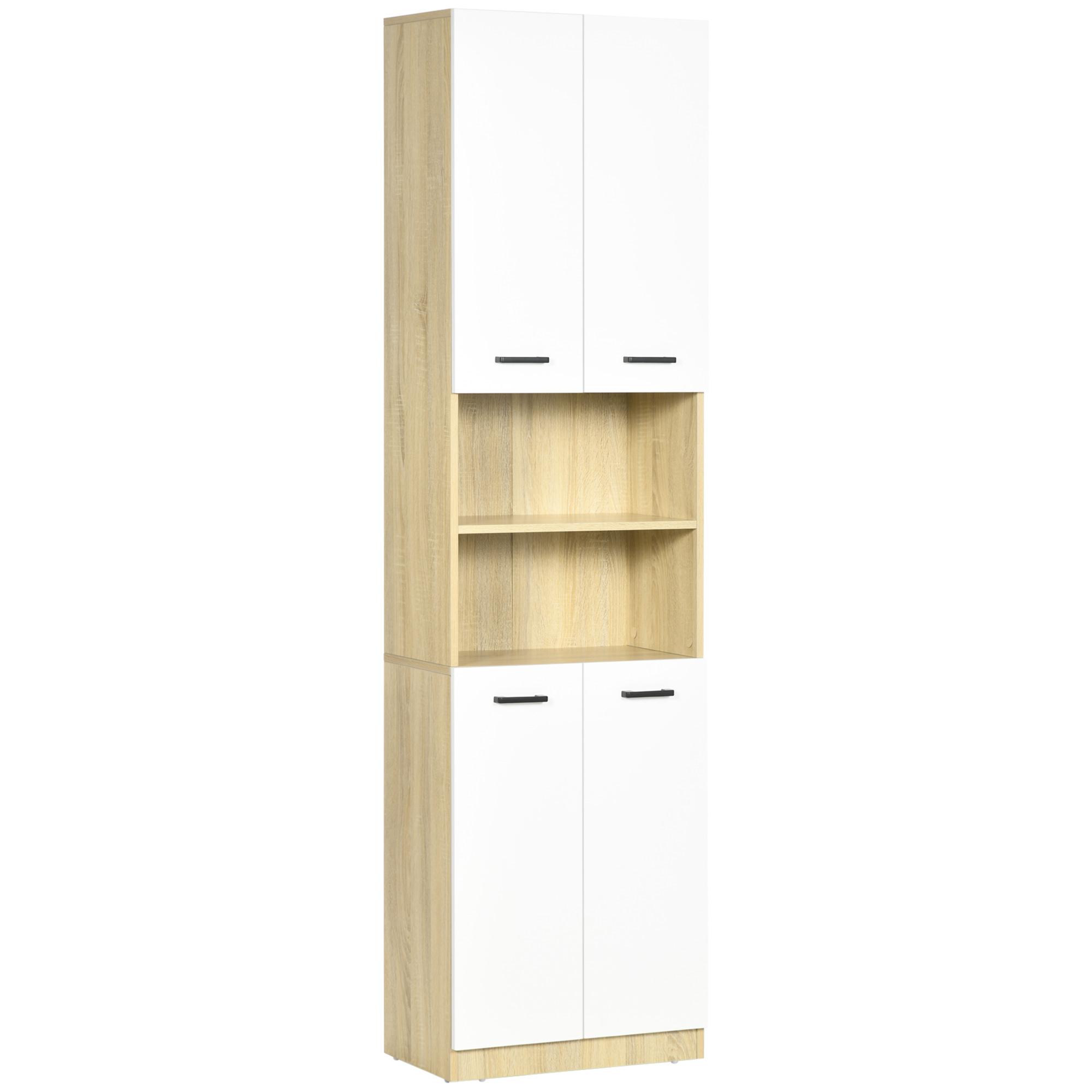 Coluna Casa de Banho Armário Alto Casa de Banho com 4 Portas 2 Prateleiras Abertas e Ajustáveis 53x33,5x195,7 cm Branco e Madeira