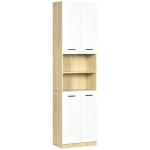 Coluna Casa de Banho Armário Alto Casa de Banho com 4 Portas 2 Prateleiras Abertas e Ajustáveis 53x33,5x195,7 cm Branco e Madeira