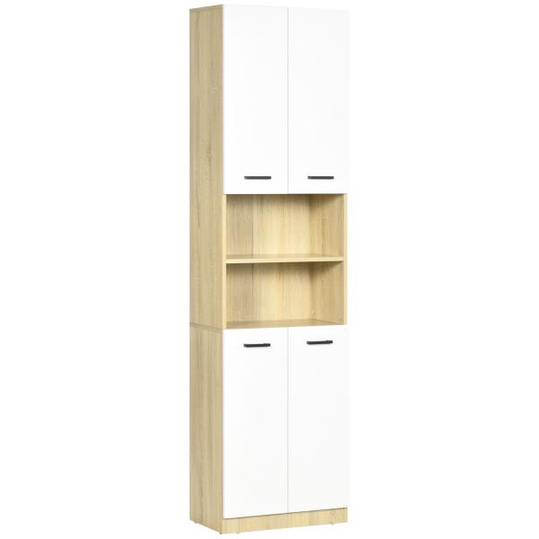 Coluna Casa de Banho Armário Alto Casa de Banho com 4 Portas 2 Prateleiras Abertas e Ajustáveis 53x33,5x195,7 cm Branco e Madeira