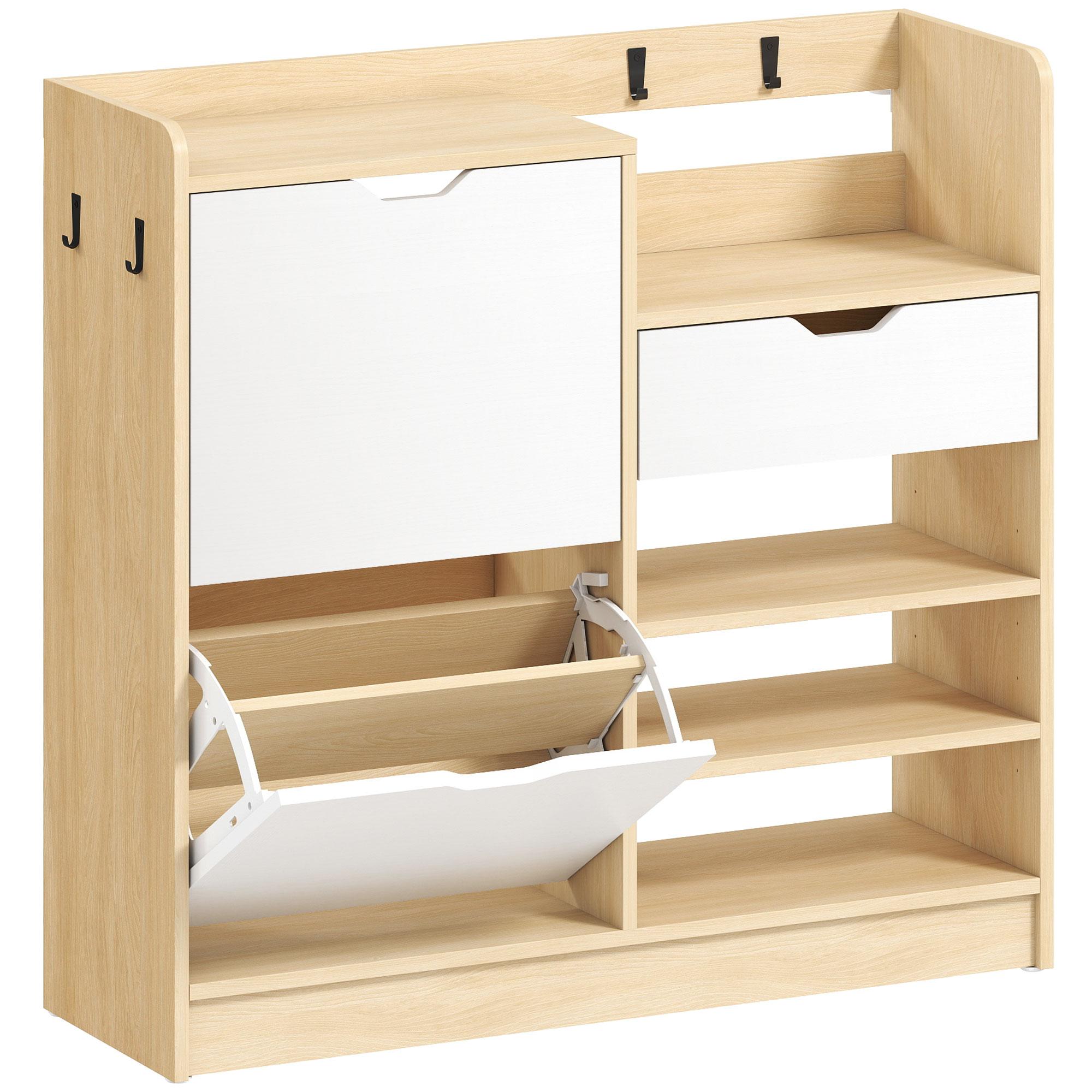 Sapateira Estreita com Prateleiras Ajustáveis Gaveta e 4 Ganchos para 14 Pares de Sapatos 93x30x90 cm Madeira e Branco