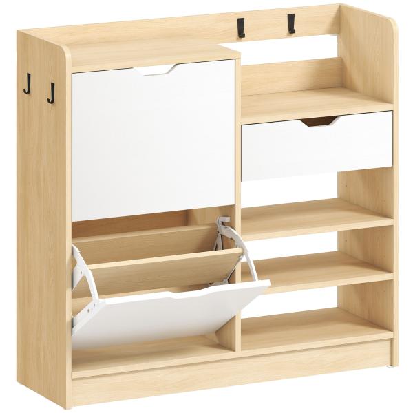 Sapateira Estreita com Prateleiras Ajustáveis Gaveta e 4 Ganchos para 14 Pares de Sapatos 93x30x90 cm Madeira e Branco