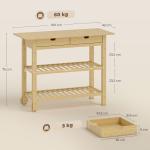 Carrinho Auxiliar com Rodas em Bambu 2 Gavetas 2 Prateleiras de Ripas 100x43x75 cm Madeira