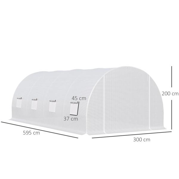 Estufa Tipo Túnel 595x300x200 cm com 8 Janelas e Cobertura de Polietileno para Cultivo de Plantas Estrutura de Aço 24mm para Jardim Branco