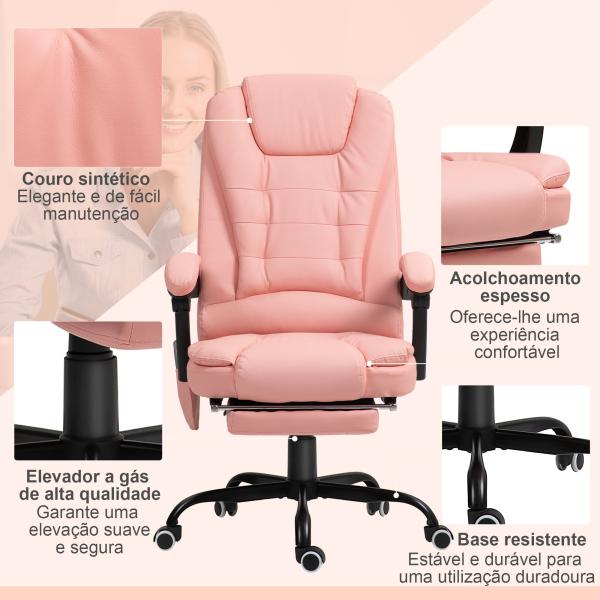 Cadeira de Massagem com 7 Pontos de Massagem Reclinável com Apoio para os Pés e Controlo Remoto 67x67x111 - 121 cm Rosa