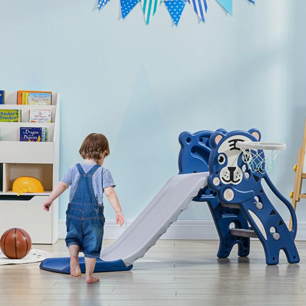 Escorrega para Crianças 2 em 1 com 2 Degraus Cesta de Basquetebol e Desenho de Tigre para Interior 133x60x70 cm Azul