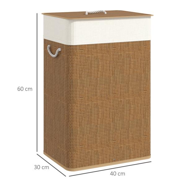 Cesto de Roupa com Tampa 72L Cesto de Roupa de Bambu com Bolsa Interior Removível e Alças 40x30x60 cm Madeira e Creme