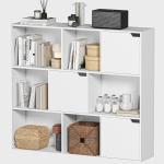 Estante para Livros de 3 Níveis com 9 Cubos, 3 Portas e 6 Compartimentos Abertos, 106x24x95 cm, Branco