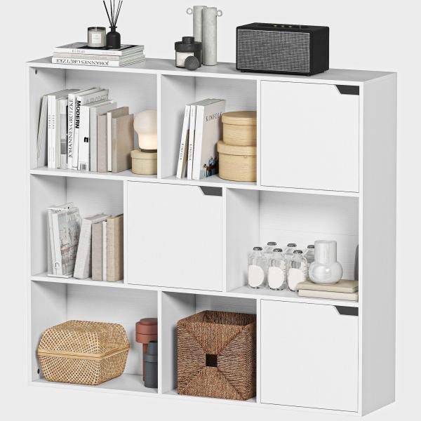 Estante para Livros de 3 Níveis com 9 Cubos, 3 Portas e 6 Compartimentos Abertos, 106x24x95 cm, Branco