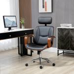 Cadeira de Escritório Operativa de Couro PU com Apoio para a Cabeça Amovível Altura Ajustável 63x62x110 - 120cm Preto e Madeira