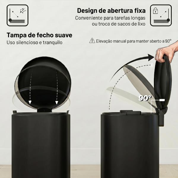 Caixote do Lixo de Cozinha 30L com Pedal, Tampa de Fecho Suave e Balde Interior Removível, Preto