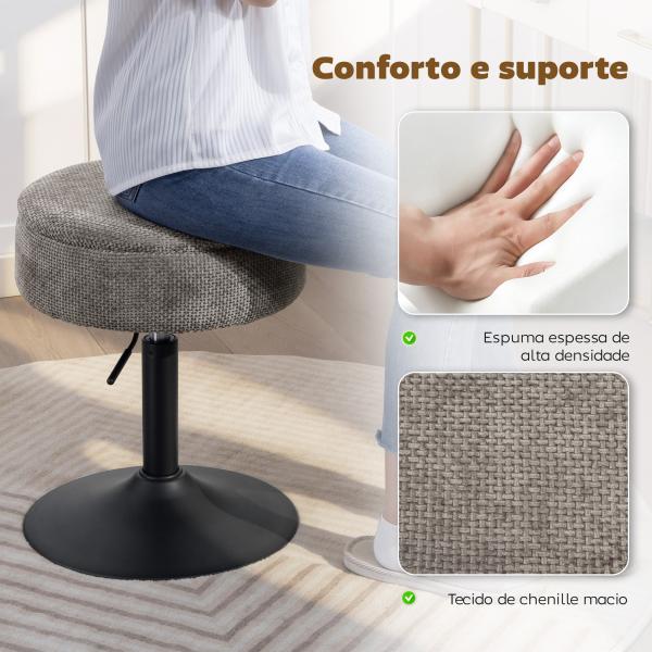 Banco de Bar com Armazenamento Altura Ajustável Giratório Estofado em Chenilla 39x39x49 - 65 cm Cinzento
