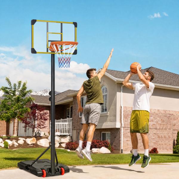 Tabela de Basquetebol com Altura Ajustável 178 - 208 cm Rodas Base Recarregável para Exterior 75x56x210 - 240 cm Amarelo e Preto