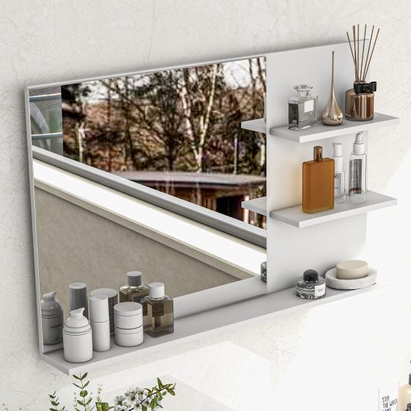 Espelho de Casa de Banho de Parede com 2 Prateleiras Laterais e Prateleira Inferior 75x10x48 cm Branco