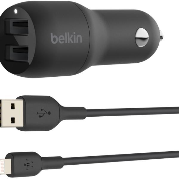 Carregador de Isqueiro 2x USB - A 24W c/ Cabo USB - A Macho - Cabo Lightning Macho (Preto) - BELKIN