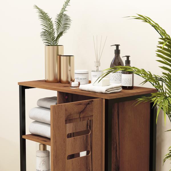 Móvel Auxiliar Casa de Banho com Porta de Ripas 3 Compartimentos Abertos Prateleira Ajustável 60x30x85 cm Castanho Rústico