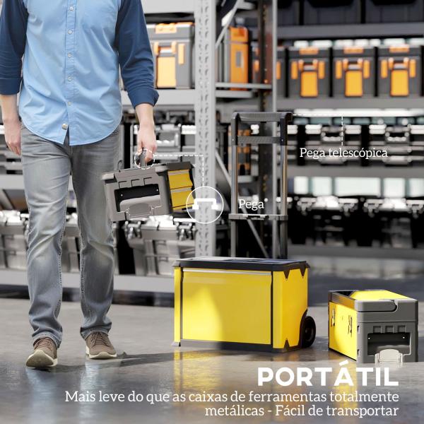 Caixa de Ferramentas Empilhável 3 em 1 Caixa de Ferramentas com Rodas Carro de Ferramentas de Aço 52x32x72 cm Amarelo e Preto
