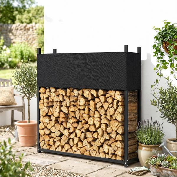 Suporte para Lenha com Cobertura Oxford 600D, Aço Galvanizado, 250 kg, Interior e Exterior, Preto