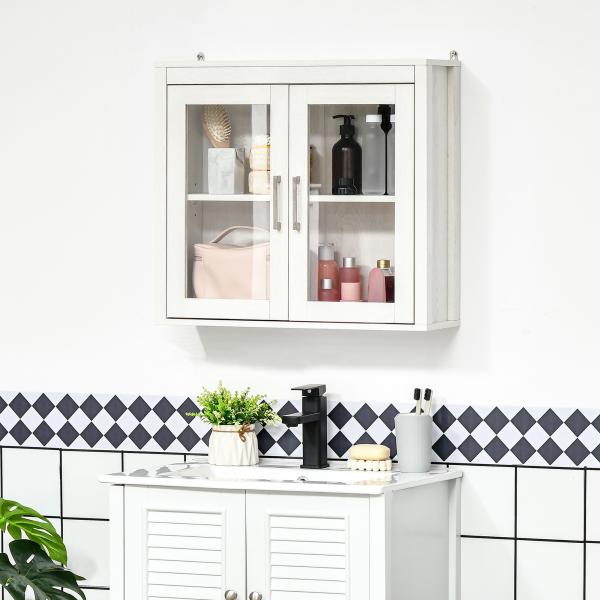 Armário Casa de Banho de Parede com 2 Portas de Vidro e Prateleira Móvel Suspenso de Casa de Banho 60x19,5x54cm Branco