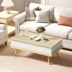 Mesa de Centro Elevatória com 3 Compartimentos de Armazenamento Ocultos e Pés de Madeira 100x79x54 cm Madeira e Branco