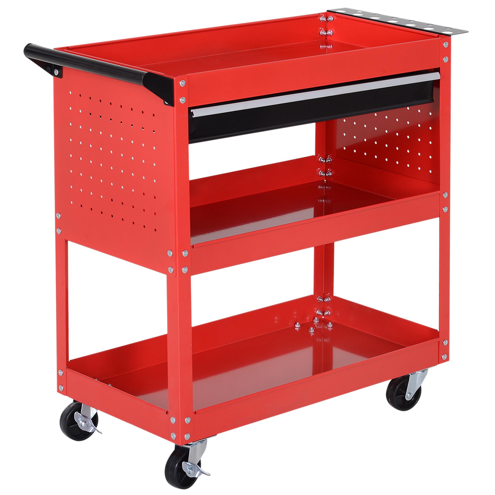 Carrinho de Ferramentas com 3 Bandejas e Gaveta Rodas com Travões Pega Lateral Painel Lateral Perfurado 82x35x76 cm Vermelho
