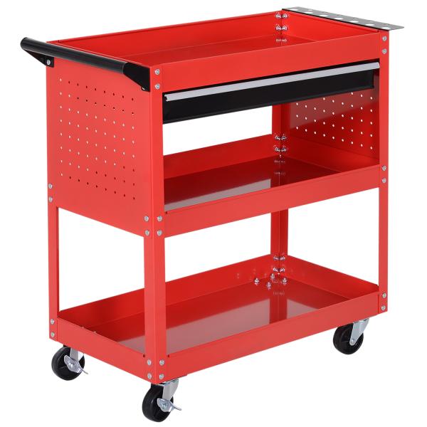 Carrinho de Ferramentas com 3 Bandejas e Gaveta Rodas com Travões Pega Lateral Painel Lateral Perfurado 82x35x76 cm Vermelho