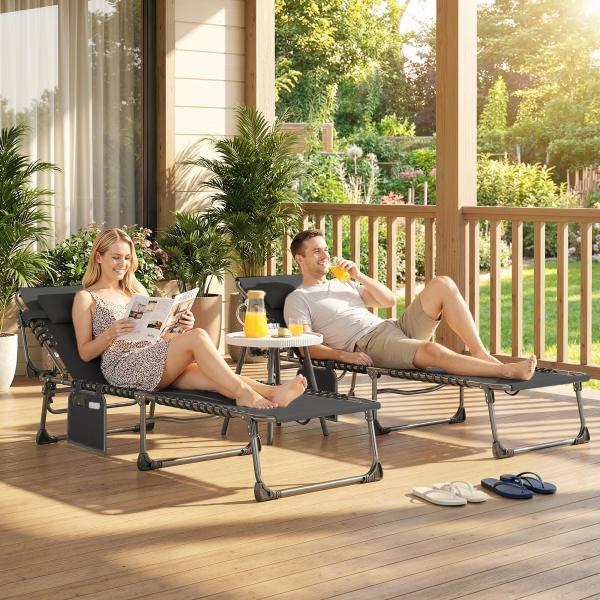 Conjunto de 2 Espreguiçadeiras Jardim Dobráveis com Apoio de Cabeça e Encosto Reclinável em 5 Posições 200x57x38 cm Preto