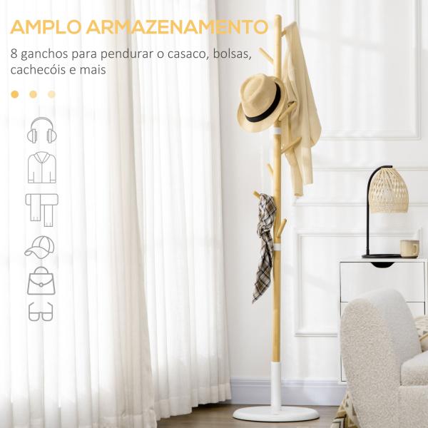 Cabide de Pé de Bambu Moderno com 8 Ganchos para Roupas Bolsas Ø37,8x175,6 cm Madeira e Branco